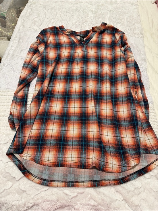 lildy Tops - Plaid V-Neck Tunic Top in Orange & Blue